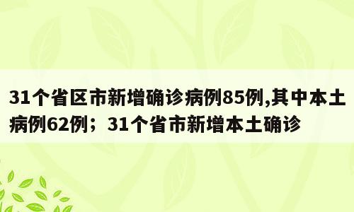 31个省区市新增确诊病例85例,其中本土病例62例；31个省市新增本土确诊
