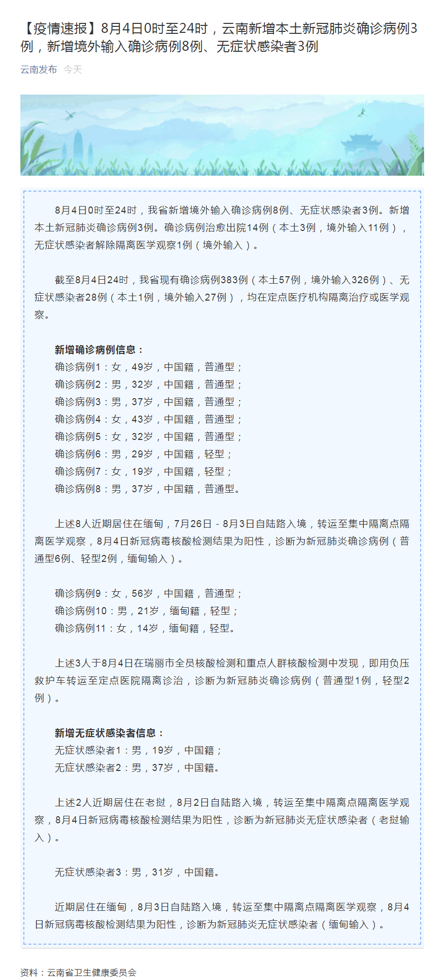 云南新增本土确诊病例详情z(云南新增病例本土确诊病例12例)